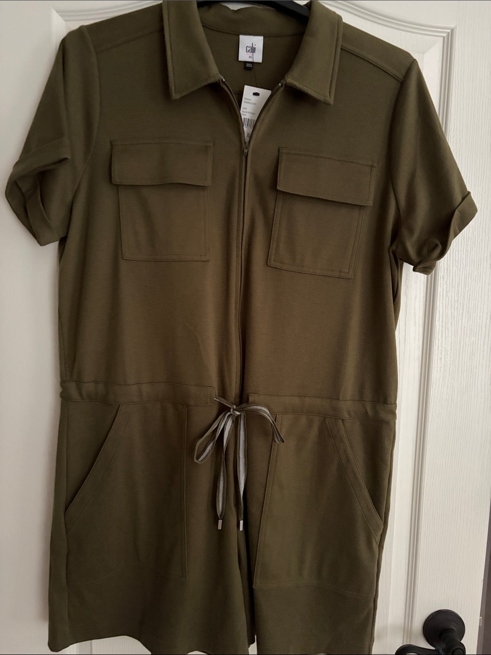 NWT CAbi Olive Green Short-Sleeve Utility Romper with Zip